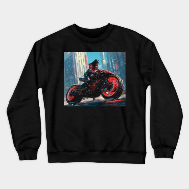 Biker Girl Cyberpunk LA Pursuit Crewneck Sweatshirt by Nightarcade